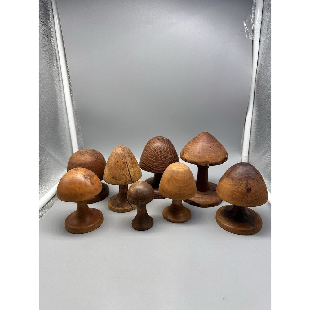 Hand Carved Wood Variety Mushrooms Signed Artisan 80s Chestnut Locust Rwp